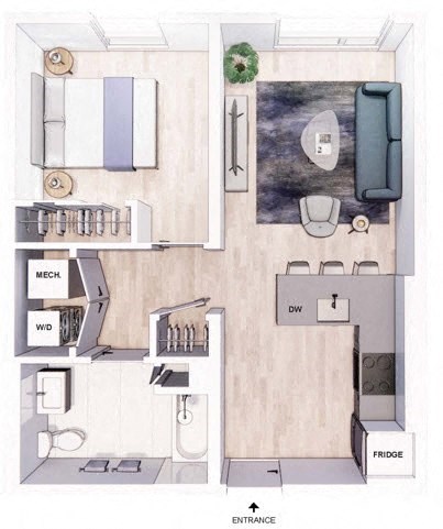 Floor plan for 1 bed, 1 bath, 610 sqft